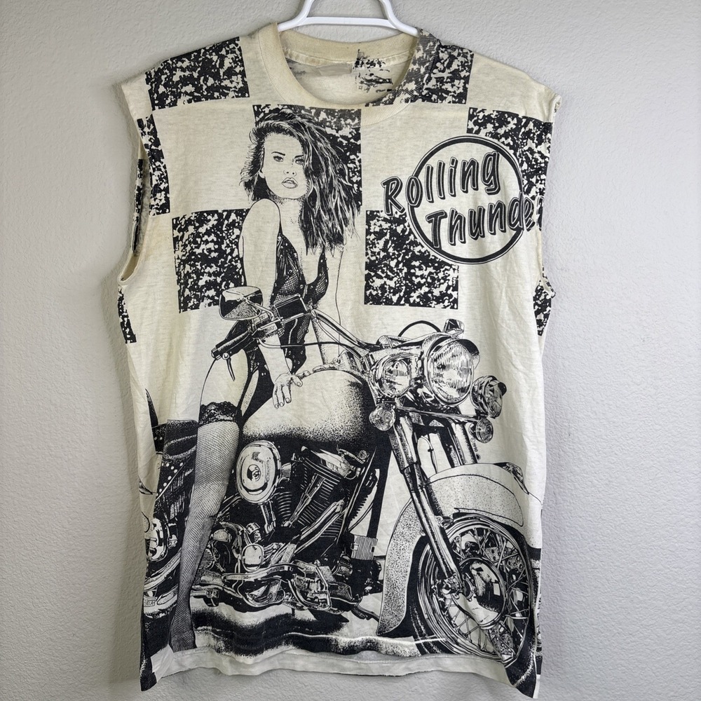 Vintage Rolling Thunder Pinup Girl Motorcycle Single Stitch T Shirt Men's L USA